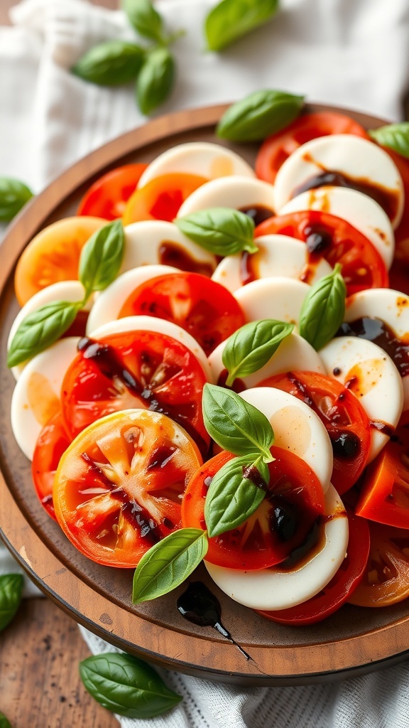 A colorful Caprese salad with tomatoes, mozzarella, and basil drizzled with olive oil and balsamic vinegar on a wooden platter.